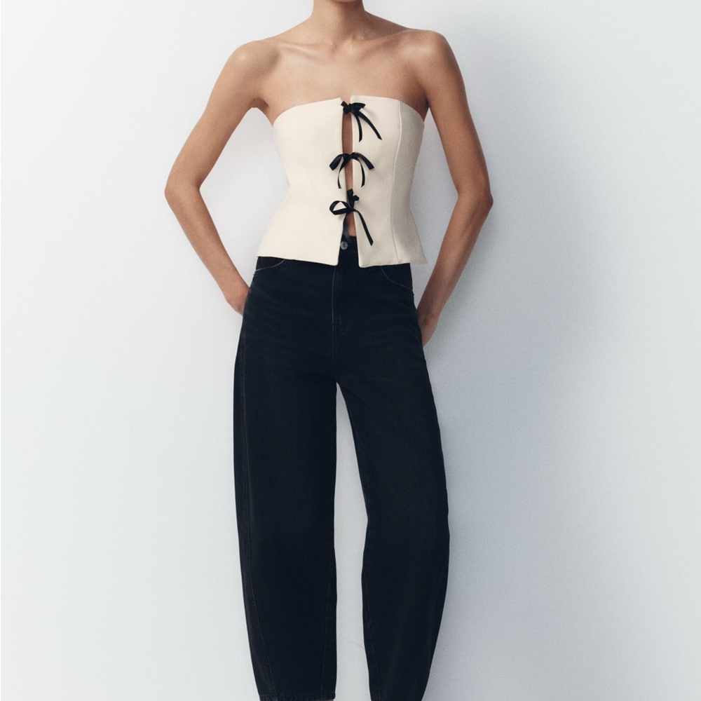 White & Black Strapless Bow Top | Zara NWT